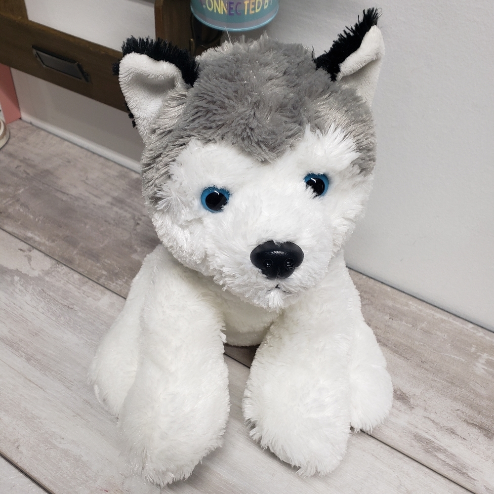 Aurora Husky Puppy Dog Blue Black Eyes Stuffed Animal Plush Toy White Gray Dog